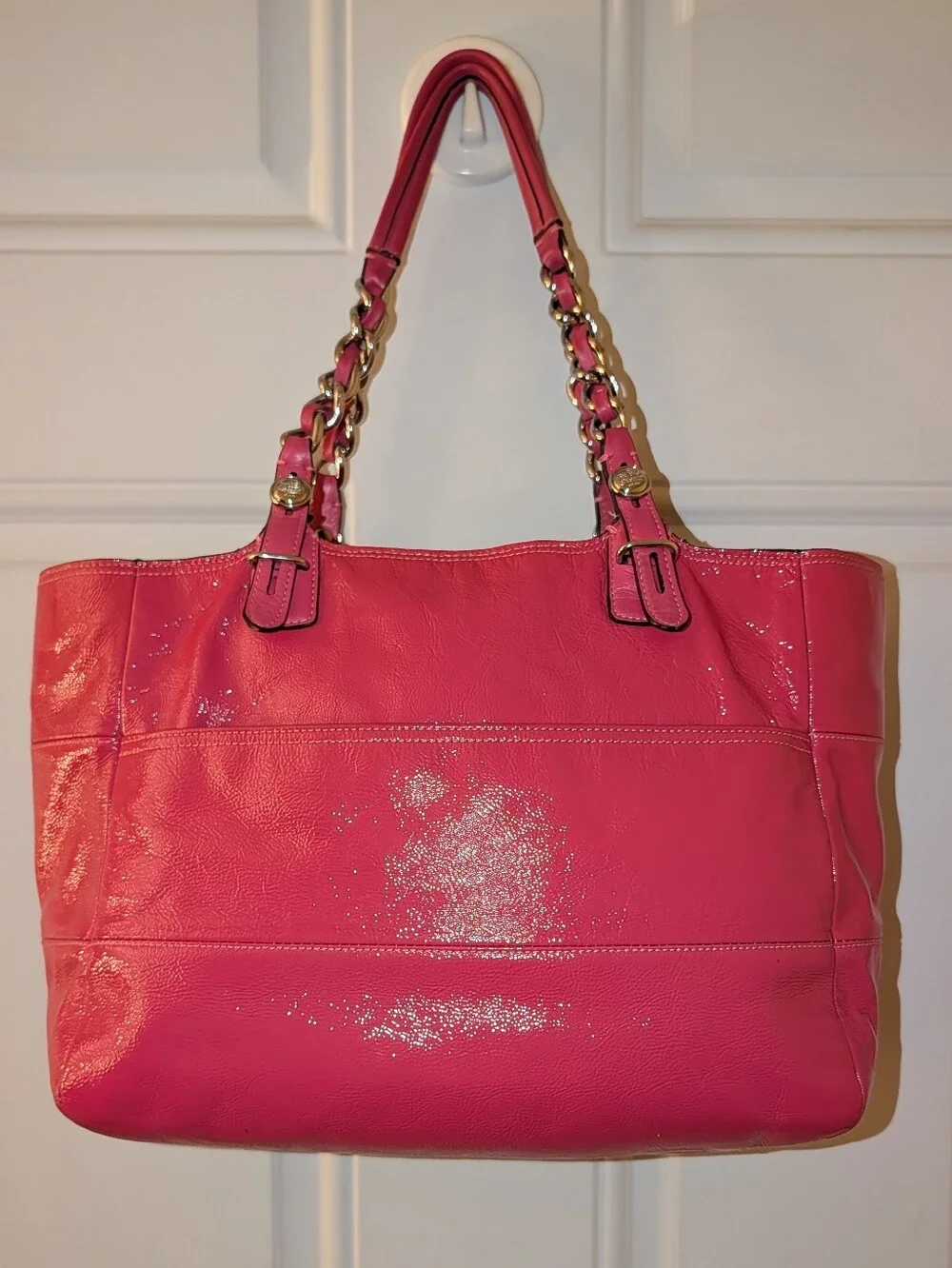 Coach Madison Tribeca Patent Leather Tote Bag Chain Strap Pink Silver VGUC - Picture 2 of 14